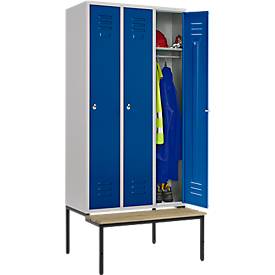 Kleiderspind, 3 Abt., 300 mm, Drehriegelverschluss, m. Sitzbank, Tür enzianblau