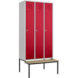 Kleiderspind, 3 Abt., 300 mm, Drehriegelverschluss, m. Sitzbank, Tür rubinrot