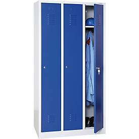Kleiderspind, 3 Türen, B 900 x H 1800 mm, Zylinderschloss, lichtgrau/blau