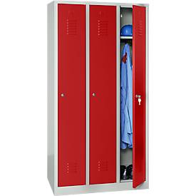 Kleiderspind, 3 Türen, B 900 x H 1800 mm, Zylinderschloss, lichtgrau/rot