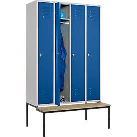 Kleiderspind, 4 Abt., 300 mm, Drehriegelverschluss, m. Sitzbank, Tür enzianblau