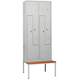 Kleiderspind, 4 Abteile, mit Sitzbank, B 800 x H 2200 mm, Drehriegelverschluss, lichtgrau/lichtgrau
