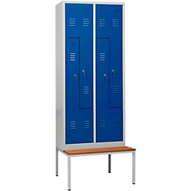 Kleiderspind, 4 Abteile, mit Sitzbank, B 800 x H 2200 mm, Zylinderschloss, lichtgrau/enzianblau