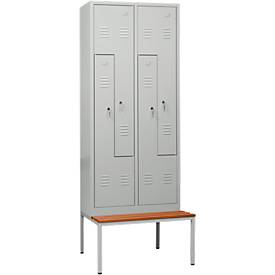 Kleiderspind, 4 Abteile, mit Sitzbank, B 800 x H 2200 mm, Zylinderschloss, lichtgrau/lichtgrau