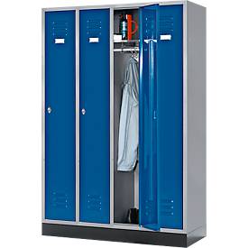Kleiderspind, 4 Abteile, Sockel, Drehriegelverschluss, 84 kg, blau/hellsilber