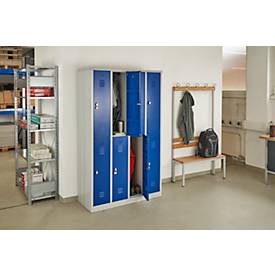 Kleiderspind, 4 Abteile übereinander, B 1170 x H 1950 mm, Drehriegelverschluss, lichtgrau/enzianblau