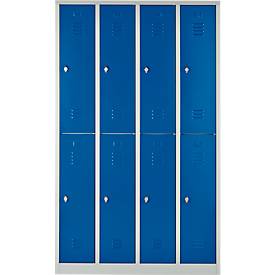 Kleiderspind, 4 Abteile übereinander, B 1170 x H 1950 mm, Drehriegelverschluss, lichtgrau/enzianblau