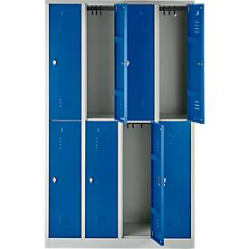 Kleiderspind, 4 Abteile übereinander, B 1170 x H 1950 mm, Drehriegelverschluss, lichtgrau/enzianblau