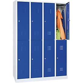Kleiderspind, 4 Abteile übereinander, B 1170 x H 1950 mm, Zylinderschloss, lichtgrau/enzianblau