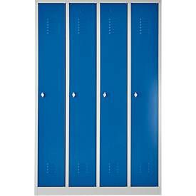Kleiderspind, 4 Türen, B 1170 x H 1800 mm, Drehriegelverschluss, lichtgrau/enzianblau