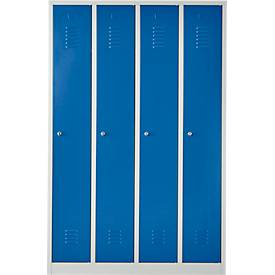Kleiderspind, 4 Türen, B 1170 x H 1800 mm, Zylinderschloss, lichtgrau/enzianblau