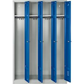 Kleiderspind, 4 Türen, B 1170 x H 1800 mm, Zylinderschloss, lichtgrau/enzianblau