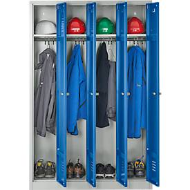 Kleiderspind, 4 Türen, B 1170 x H 1800 mm, Zylinderschloss, lichtgrau/enzianblau