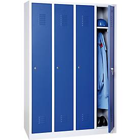 Kleiderspind, 4 Türen, B 1170 x H 1800 mm, Zylinderschloss, lichtgrau/enzianblau