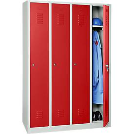 Kleiderspind, 4 Türen, B 1170 x H 1800 mm, Zylinderschloss, lichtgrau/feuerrot