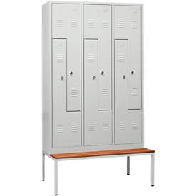 Kleiderspind, 6 Abteile, mit Sitzbank, 6 Fächer, mit Z-Türen, Drehriegelverschluss, lichtgrau