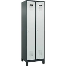 Kleiderspind C+P Evolo Plus, 2 Abteile, 300 mm Abteilbreite, mit Füßen, Anschlag rechts, Zylinderschloss, B 600 x T 500 x H 1950 mm, anthrazitgrau/lichtgrau