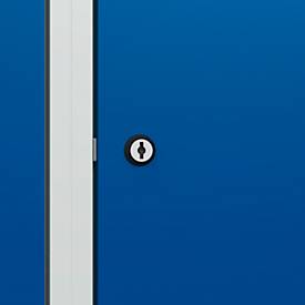 Kleiderspind C+P Evolo Plus, 2 Abteile, 300 mm Abteilbreite, mit Füßen, Anschlag rechts, Zylinderschloss, B 600 x T 500 x H 1950 mm, lichtgrau/enzianblau