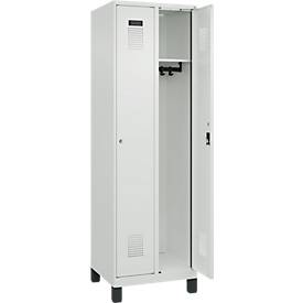 Kleiderspind C+P Evolo Plus, 2 Abteile, 300 mm Abteilbreite, mit Füßen, Anschlag rechts, Zylinderschloss, B 600 x T 500 x H 1950 mm, lichtgrau/lichtgrau