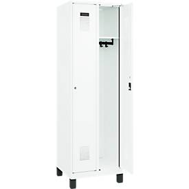 Kleiderspind C+P Evolo Plus, 2 Abteile, 300 mm Abteilbreite, mit Füßen, Anschlag rechts, Zylinderschloss, B 600 x T 500 x H 1950 mm, verkehrsweiß/verkehrsweiß