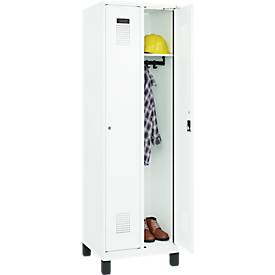 Kleiderspind C+P Evolo Plus, 2 Abteile, 300 mm Abteilbreite, mit Füßen, Anschlag rechts, Zylinderschloss, B 600 x T 500 x H 1950 mm, verkehrsweiß/verkehrsweiß