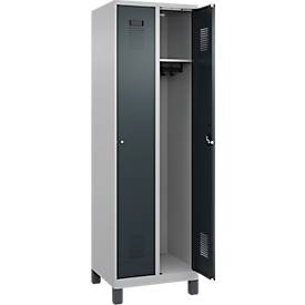 Kleiderspind C+P Evolo Plus, 2 Abteile, 300 mm Abteilbreite, mit Füßen, Anschlag rechts, Zylinderschloss, B 600 x T 500 x H 1950 mm, weißaluminium/anthrazitgrau