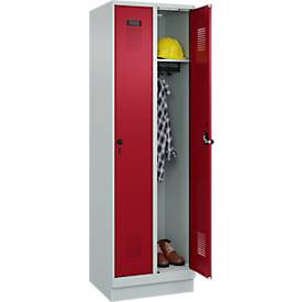 Kleiderspind C+P Evolo Plus, 2 Abteile, 300 mm Abteilbreite, mit Sockel, Anschlag rechts, Drehriegel, B 600 x T 500 x H 1950 mm, lichtgrau/rubinrot