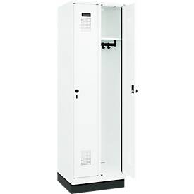 Kleiderspind C+P Evolo Plus, 2 Abteile, 300 mm Abteilbreite, mit Sockel, Anschlag rechts, Drehriegel, B 600 x T 500 x H 1950 mm, verkehrsweiß/verkehrsweiß