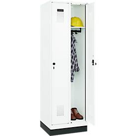 Kleiderspind C+P Evolo Plus, 2 Abteile, 300 mm Abteilbreite, mit Sockel, Anschlag rechts, Drehriegel, B 600 x T 500 x H 1950 mm, verkehrsweiß/verkehrsweiß