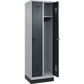 Kleiderspind C+P Evolo Plus, 2 Abteile, 300 mm Abteilbreite, mit Sockel, Anschlag rechts, Drehriegel, B 600 x T 500 x H 1950 mm, weißaluminium/anthrazitgrau