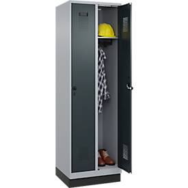 Kleiderspind C+P Evolo Plus, 2 Abteile, 300 mm Abteilbreite, mit Sockel, Anschlag rechts, Drehriegel, B 600 x T 500 x H 1950 mm, weißaluminium/anthrazitgrau