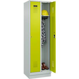 Kleiderspind C+P Evolo Plus, 2 Abteile, 300 mm Abteilbreite, mit Sockel, Anschlag rechts, Zylinder, B 600 x T 500 x H 1950 mm, lichtgrau/clowngrün
