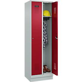 Kleiderspind C+P Evolo Plus, 2 Abteile, 300 mm Abteilbreite, mit Sockel, Anschlag rechts, Zylinder, B 600 x T 500 x H 1950 mm, lichtgrau/rubinrot