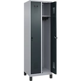 Kleiderspind C+P Evolo Plus, 2 Abteile, 300 mm breit, mit Füßen, Sicherheits-Drehriegel, B 600 x T 500 x H 1950 mm, weißaluminium/anthrazitgrau