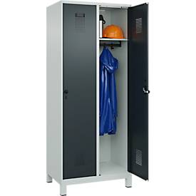 Kleiderspind C+P Evolo Plus, 2 Abteile, 400 mm Abteilbreite, mit Füßen, Anschlag rechts, B 800 x T 500 x H 1950 mm, Drehriegel, lichtgrau/anthrazitgrau