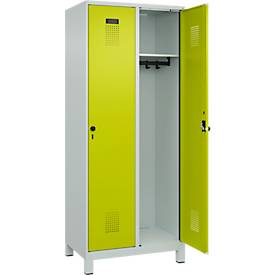 Kleiderspind C+P Evolo Plus, 2 Abteile, 400 mm Abteilbreite, mit Füßen, Anschlag rechts, B 800 x T 500 x H 1950 mm, Drehriegel, lichtgrau/clowngrün