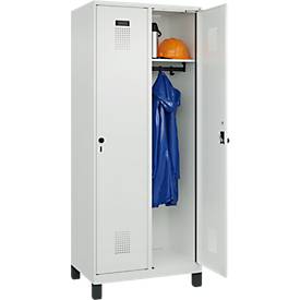 Kleiderspind C+P Evolo Plus, 2 Abteile, 400 mm Abteilbreite, mit Füßen, Anschlag rechts, B 800 x T 500 x H 1950 mm, Drehriegel, lichtgrau/lichtgrau