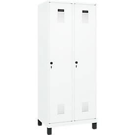 Kleiderspind C+P Evolo Plus, 2 Abteile, 400 mm Abteilbreite, mit Füßen, Anschlag rechts, B 800 x T 500 x H 1950 mm, Drehriegel, verkehrsweiß/verkehrsweiß
