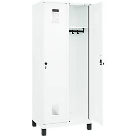 Kleiderspind C+P Evolo Plus, 2 Abteile, 400 mm Abteilbreite, mit Füßen, Anschlag rechts, B 800 x T 500 x H 1950 mm, Drehriegel, verkehrsweiß/verkehrsweiß