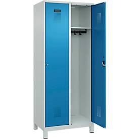 Kleiderspind C+P Evolo Plus, 2 Abteile, 400 mm Abteilbreite, mit Füßen, Anschlag rechts, B 800 x T 500 x H 1950 mm, Zylinder, lichtgrau/lichtblau