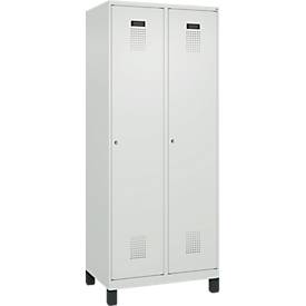 Kleiderspind C+P Evolo Plus, 2 Abteile, 400 mm Abteilbreite, mit Füßen, Anschlag rechts, B 800 x T 500 x H 1950 mm, Zylinder, lichtgrau/lichtgrau