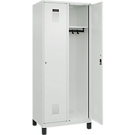 Kleiderspind C+P Evolo Plus, 2 Abteile, 400 mm Abteilbreite, mit Füßen, Anschlag rechts, B 800 x T 500 x H 1950 mm, Zylinder, lichtgrau/lichtgrau