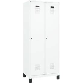 Kleiderspind C+P Evolo Plus, 2 Abteile, 400 mm Abteilbreite, mit Füßen, Anschlag rechts, B 800 x T 500 x H 1950 mm, Zylinder, verkehrsweiß/verkehrsweiß
