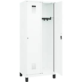 Kleiderspind C+P Evolo Plus, 2 Abteile, 400 mm Abteilbreite, mit Füßen, Anschlag rechts, B 800 x T 500 x H 1950 mm, Zylinder, verkehrsweiß/verkehrsweiß