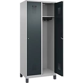 Kleiderspind C+P Evolo Plus, 2 Abteile, 400 mm Abteilbreite, mit Füßen, Anschlag rechts, B 800 x T 500 x H 1950 mm, Zylinder, weißaluminium/anthrazitgrau