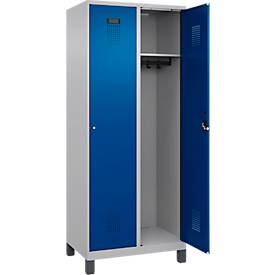 Kleiderspind C+P Evolo Plus, 2 Abteile, 400 mm Abteilbreite, mit Füßen, Anschlag rechts, B 800 x T 500 x H 1950 mm, Zylinder, weißaluminium/enzianblau