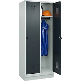Kleiderspind C+P Evolo Plus, 2 Abteile, 400 mm Abteilbreite, mit Sockel, Anschlag rechts, B 800 x T 500 x H 1950 mm, Drehriegel, lichtgrau/anthrazitgrau
