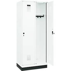 Kleiderspind C+P Evolo Plus, 2 Abteile, 400 mm Abteilbreite, mit Sockel, Anschlag rechts, B 800 x T 500 x H 1950 mm, Drehriegel, verkehrsweiß/verkehrsweiß