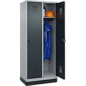 Kleiderspind C+P Evolo Plus, 2 Abteile, 400 mm Abteilbreite, mit Sockel, Anschlag rechts, B 800 x T 500 x H 1950 mm, Drehriegel, weißaluminium/anthrazitgrau