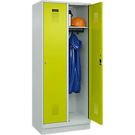 Kleiderspind C+P Evolo Plus, 2 Abteile, 400 mm Abteilbreite, mit Sockel, Anschlag rechts, B 800 x T 500 x H 1950 mm, Zylinder, lichtgrau/clowngrün